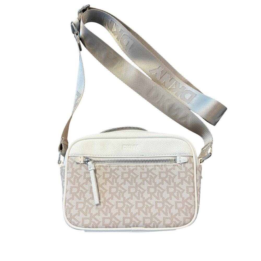 DKNY crossbody, cream/tan logo camera bag, nylon adjustable strap, zipper